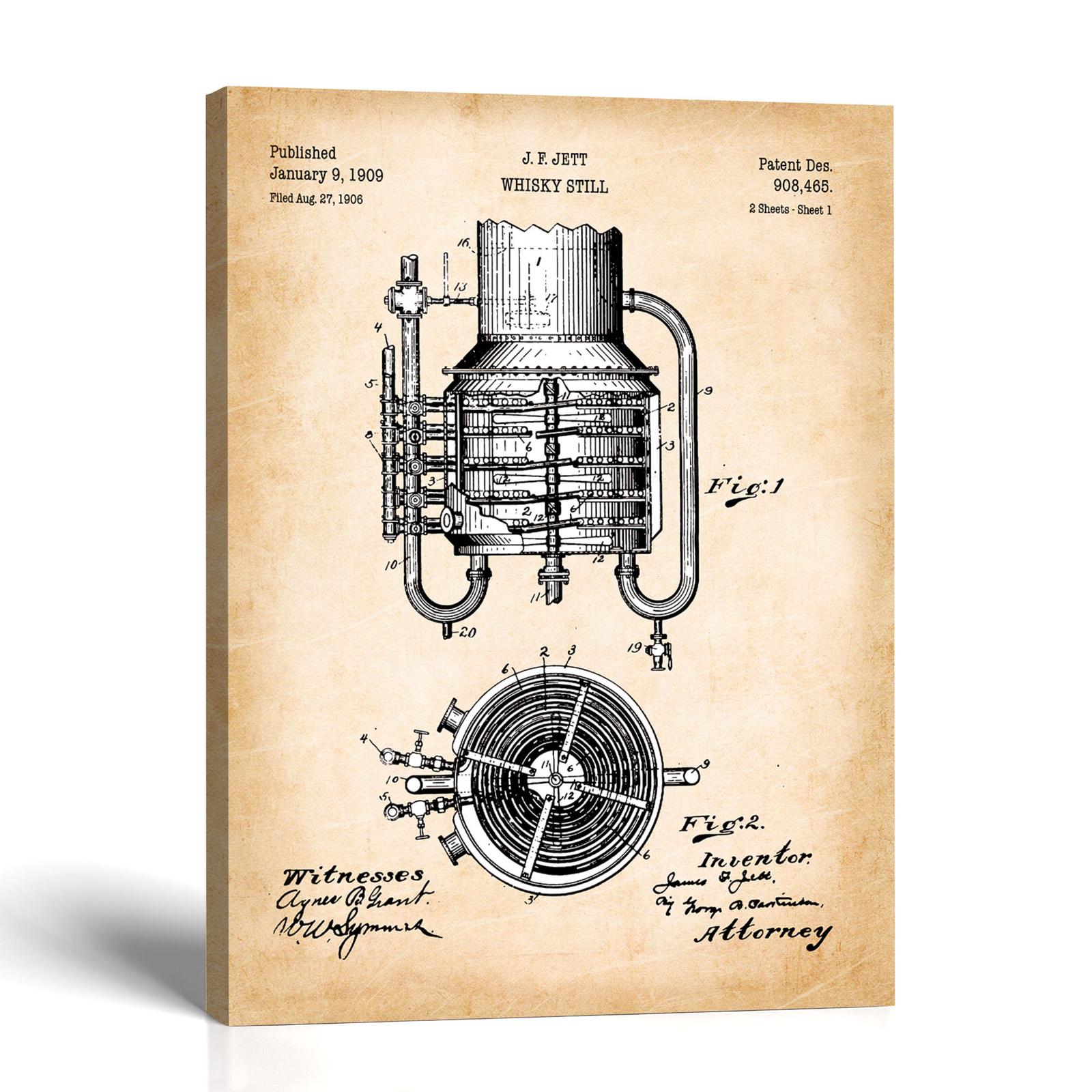 Whiskey still patent canvas print, 1909 distillery still drawing, by Crossroads Home Decor