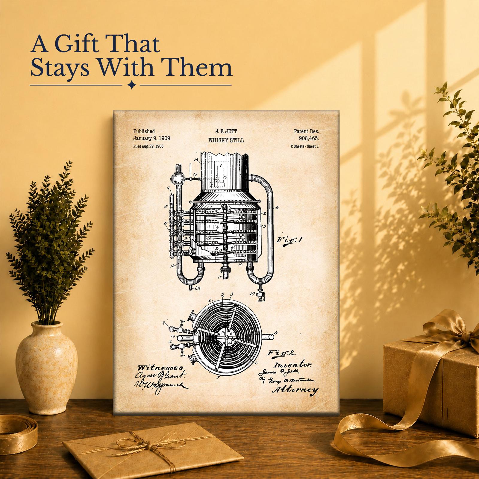 Whiskey still patent print gift - canvas wall art for a distiller or whiskey collector
