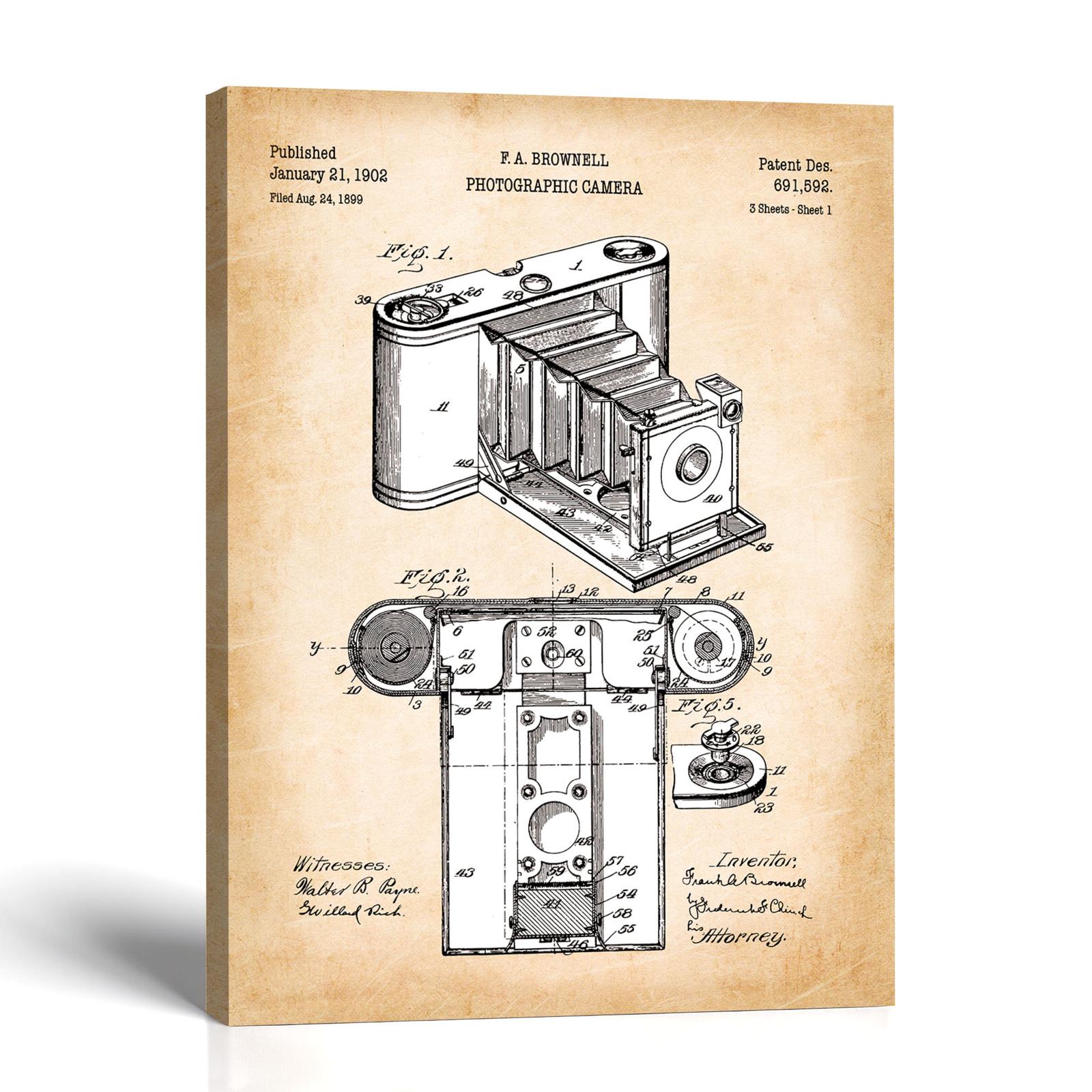 Antique folding camera canvas print - 1902 Folding Camera Patent by Crossroads Home Decor
