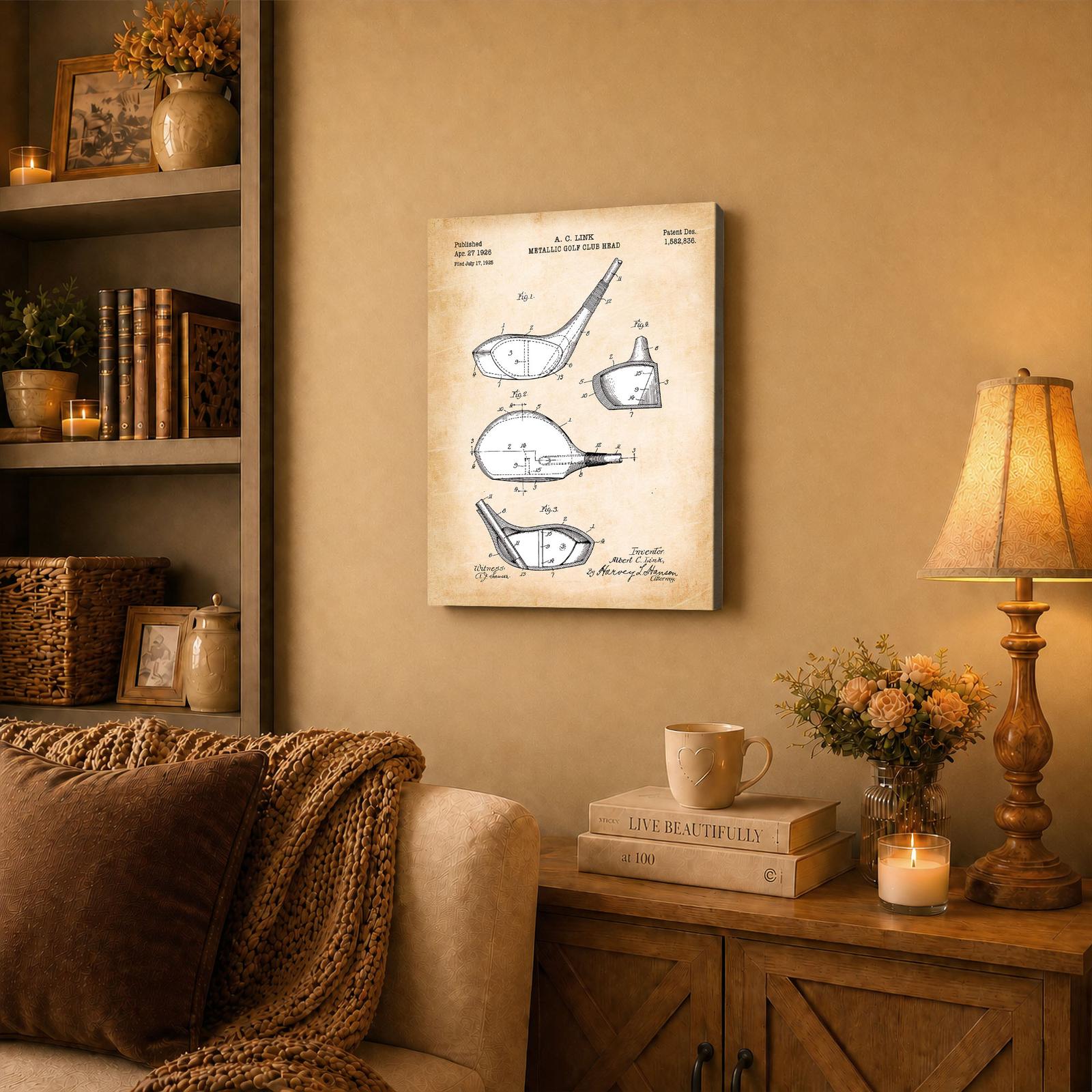 Golf driver patent canvas wall art displayed in a den