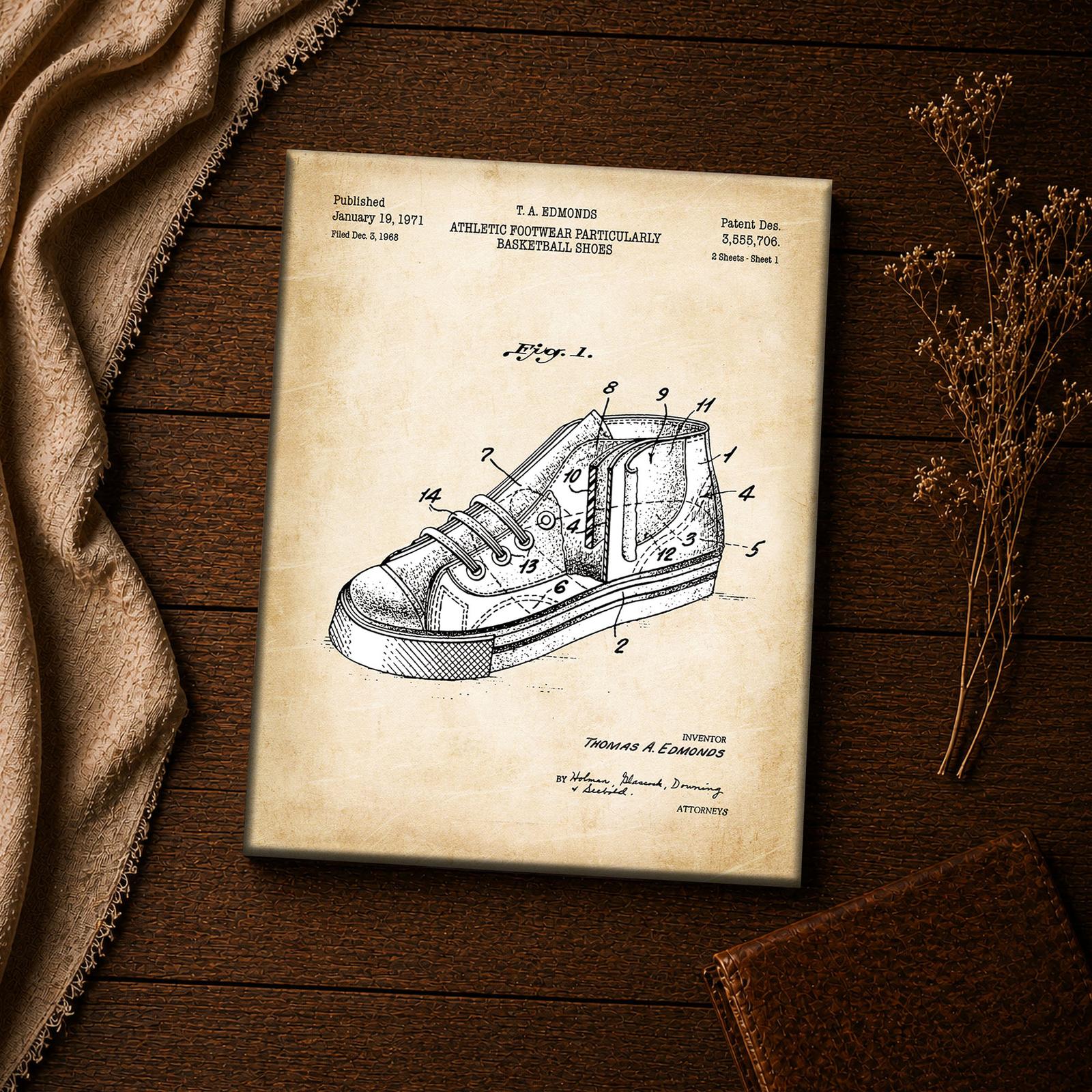 Vintage basketball shoe wall art - patent print closeup