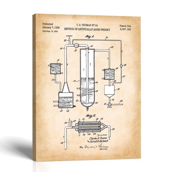Whiskey aging patent canvas print, 1936 distillery flow diagram, by Crossroads Home Decor