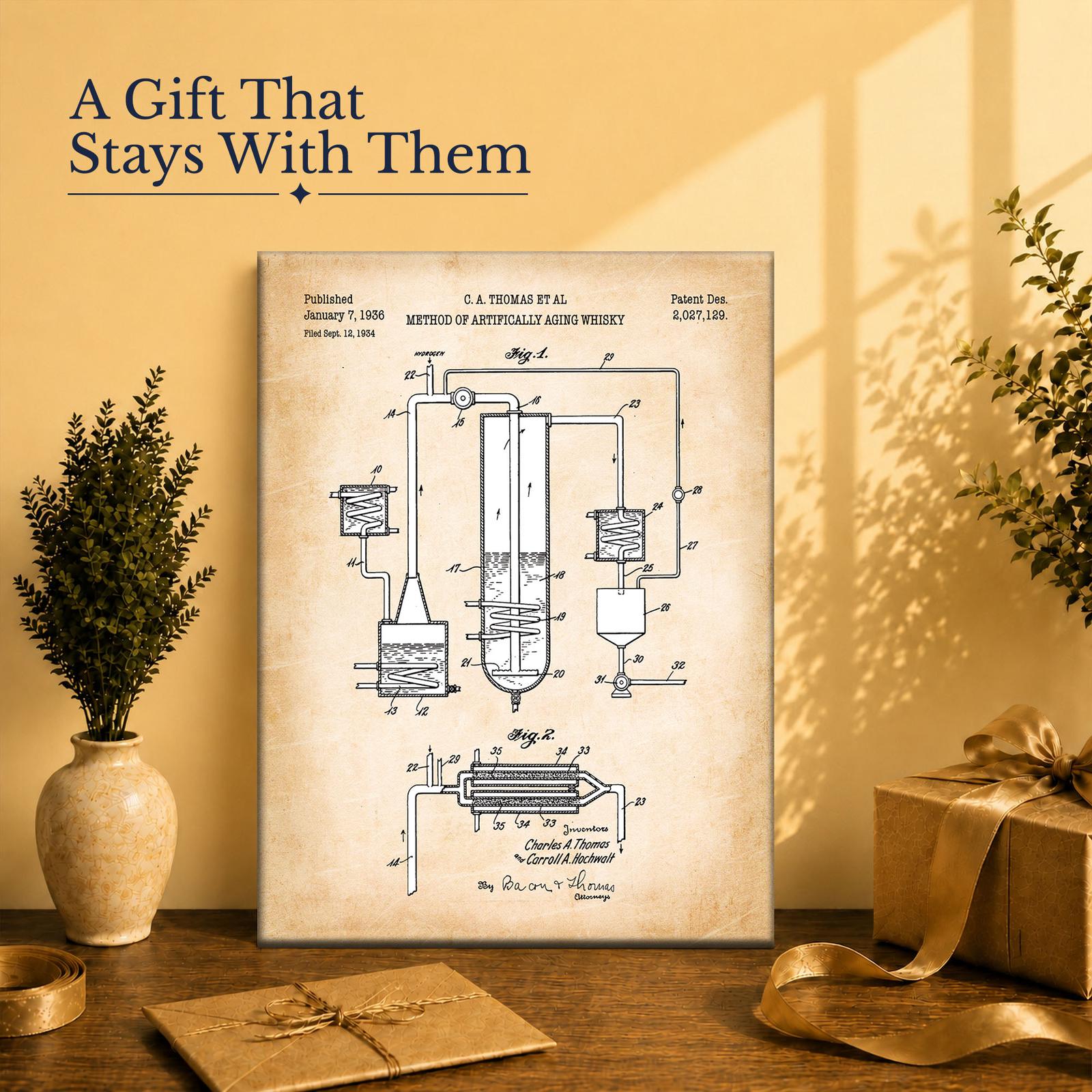 Whiskey aging patent print gift - canvas wall art for a distiller or whiskey collector