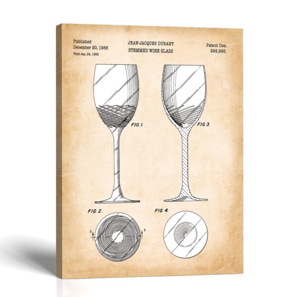 Wine glass patent canvas print, 1988 stemware drawing, by Crossroads Home Decor