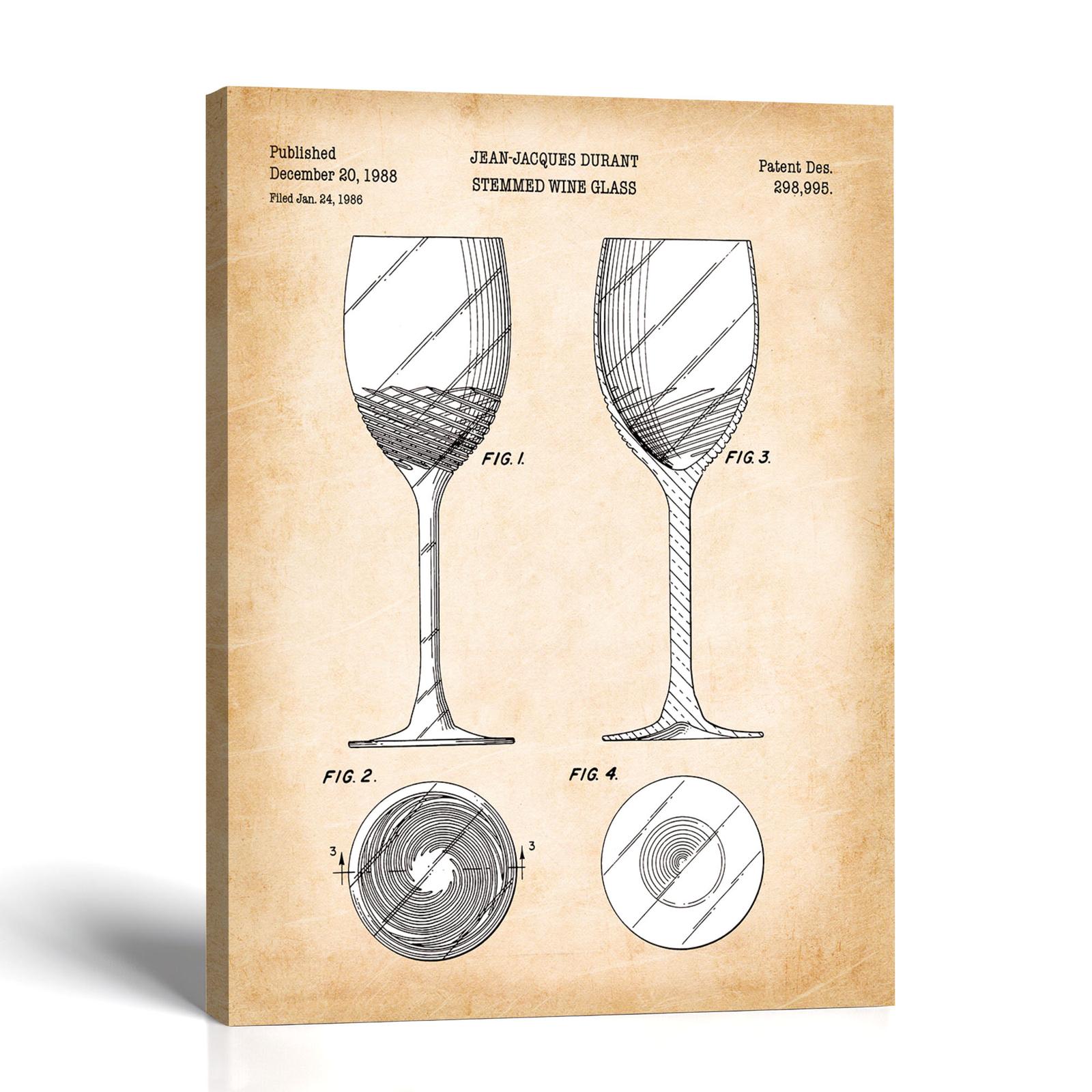 Wine glass patent canvas print, 1988 stemware drawing, by Crossroads Home Decor