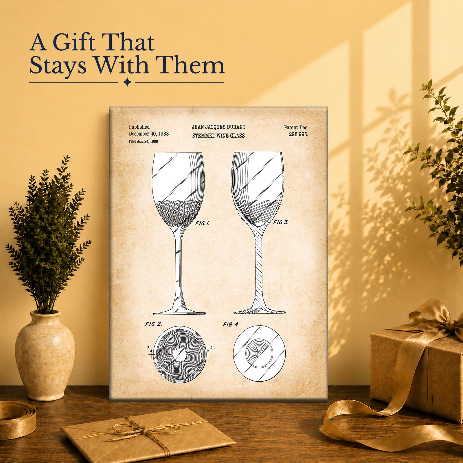 Wine glass patent print gift - canvas wall art for a hostess or wine lover