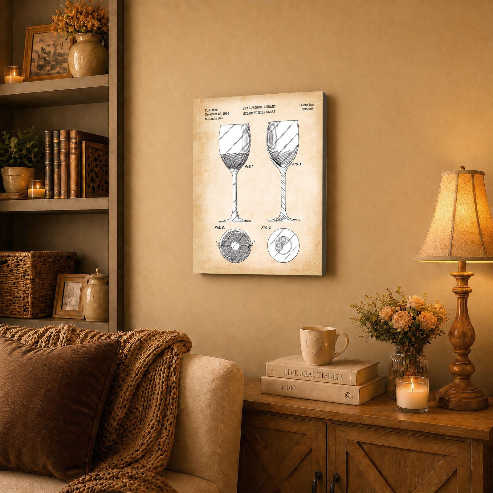 Wine glass canvas wall art displayed in a kitchen or dining room