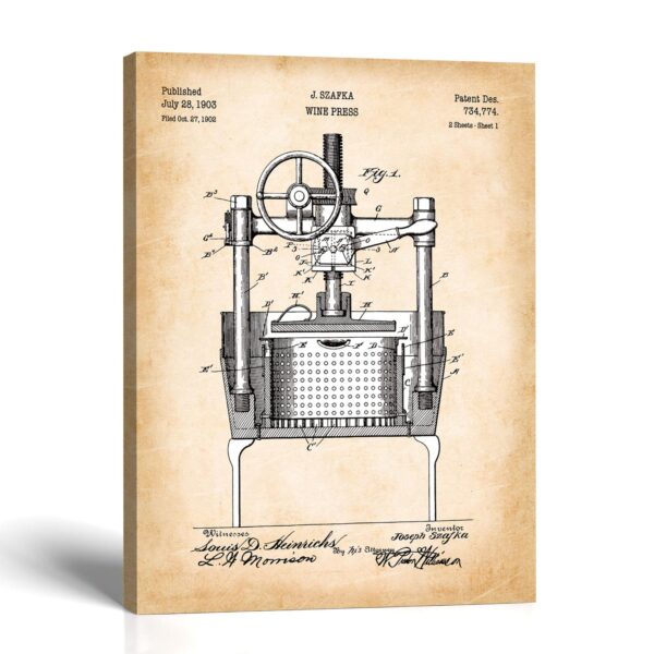 Wine press patent canvas print - antique wine press design by Crossroads Home Decor