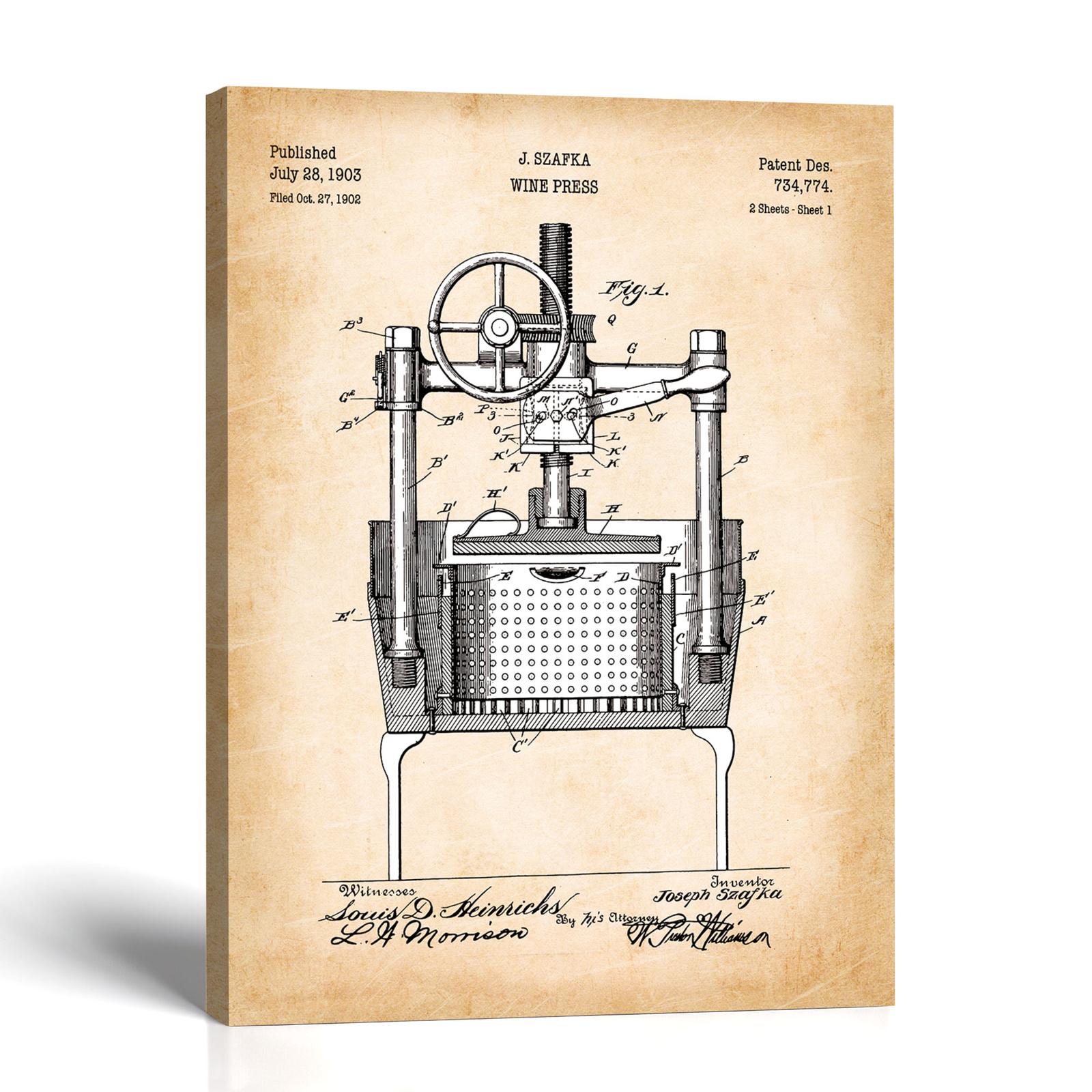 Wine press patent canvas print - antique wine press design by Crossroads Home Decor