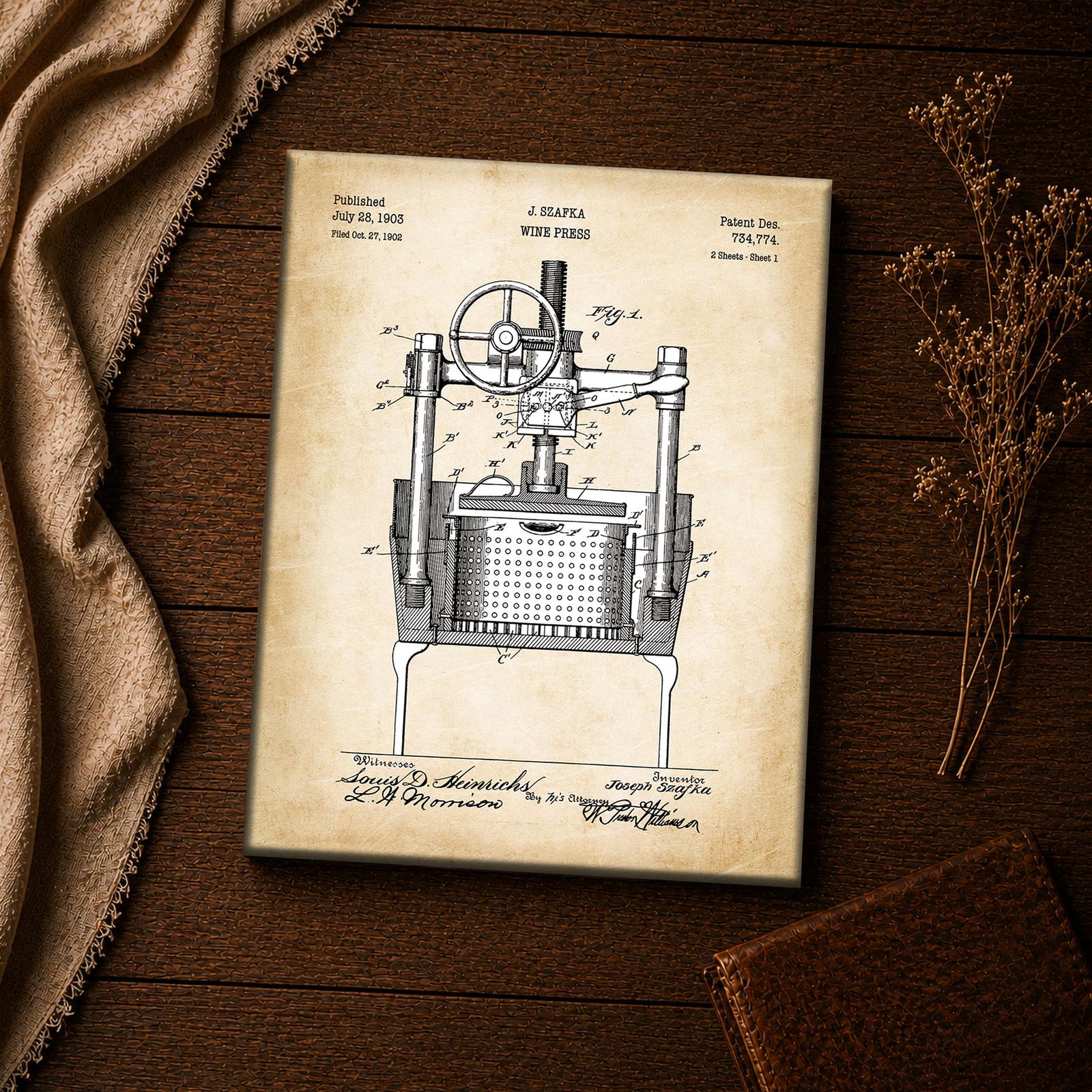 Antique wine press patent drawing canvas print - vintage winemaking decor