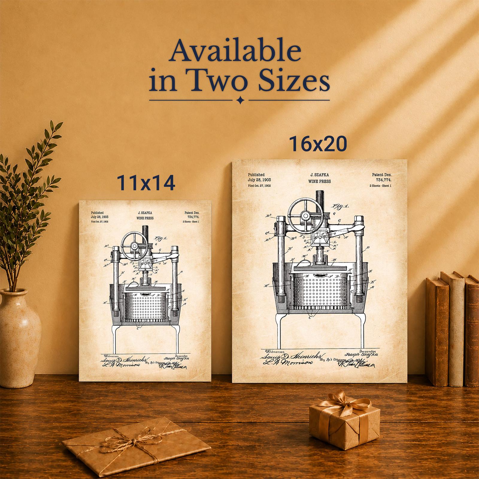 Wine press patent canvas print - Made in USA family-owned wine wall art