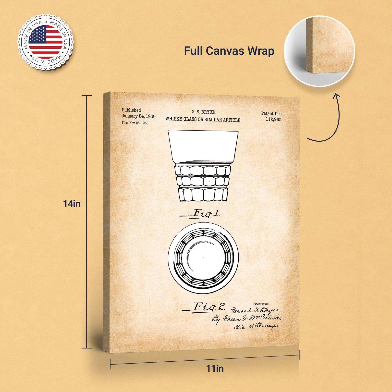 Whiskey glass patent canvas print in - gallery wrapped canvas edge detail