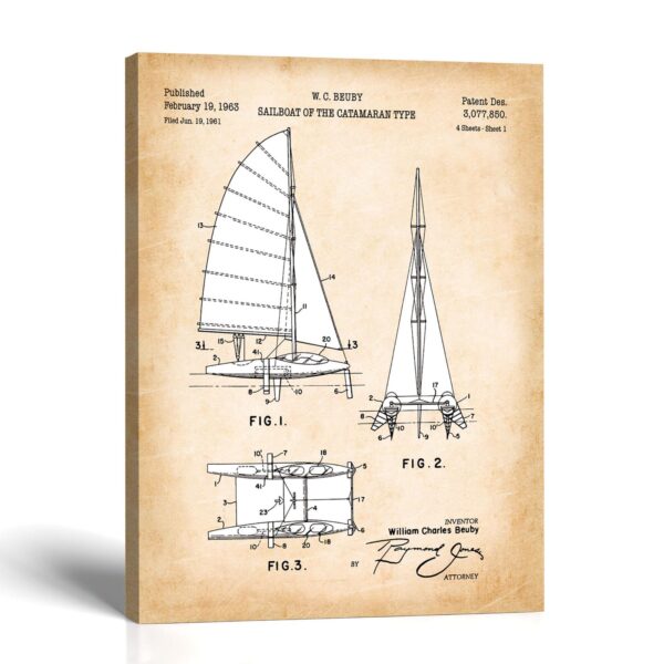 Sailboat patent canvas print, 1963 catamaran drawing, by Crossroads Home Decor