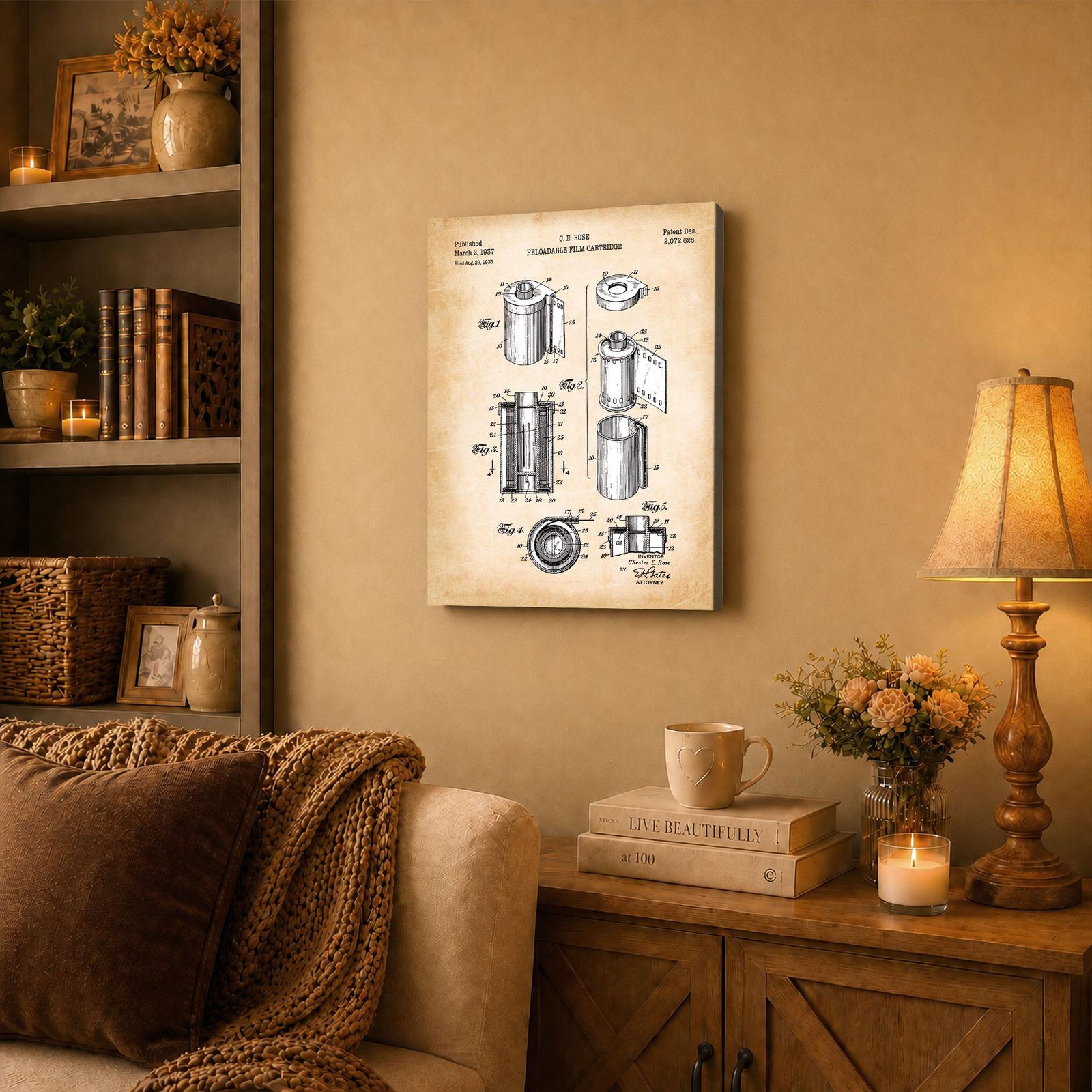 C2354C-3-11x14-1 Film canister patent canvas wall art displayed in a home office