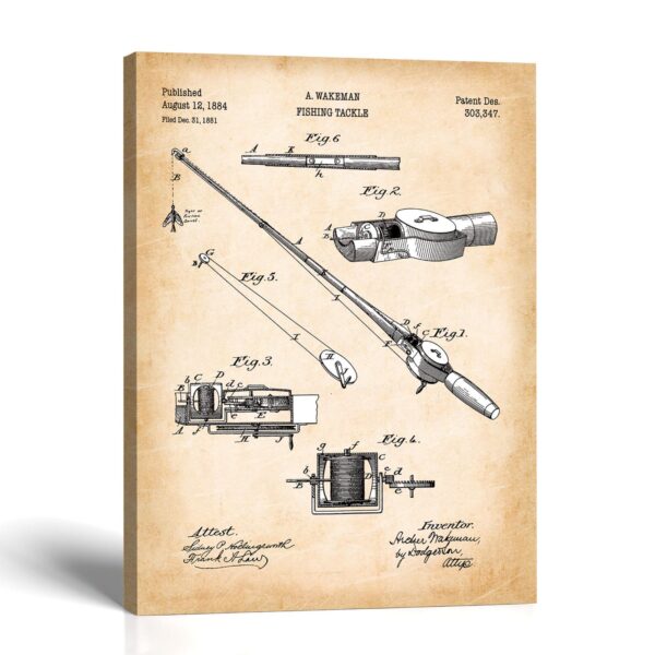 Fishing rod patent canvas print, 1884 tackle drawing, by Crossroads Home Decor