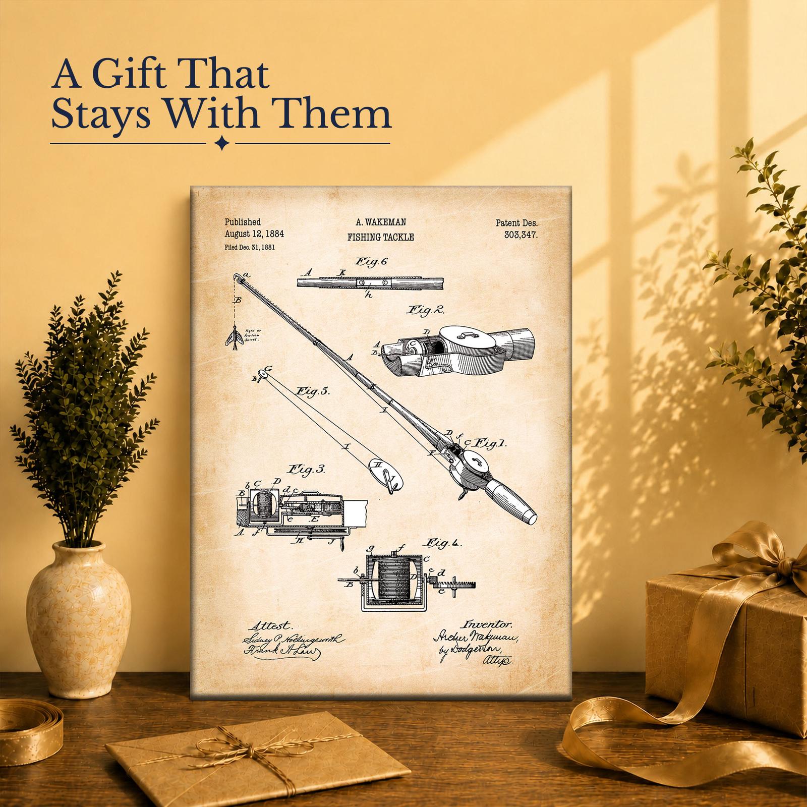 Fishing rod patent print gift - canvas wall art for an angler or collector