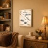 Fishing rod patent canvas wall art displayed in a cabin den
