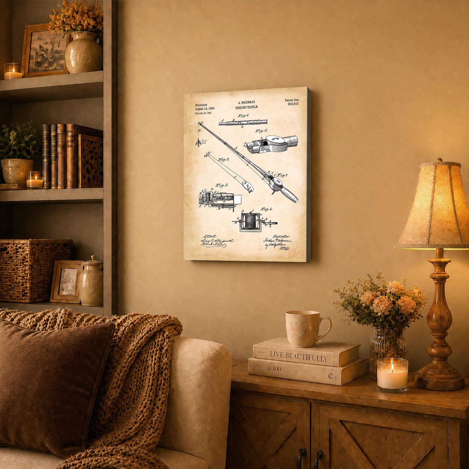 Fishing rod patent canvas wall art displayed in a cabin den