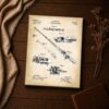 Reel internals and hand-lettered swivel note close-up on the fishing rod patent print
