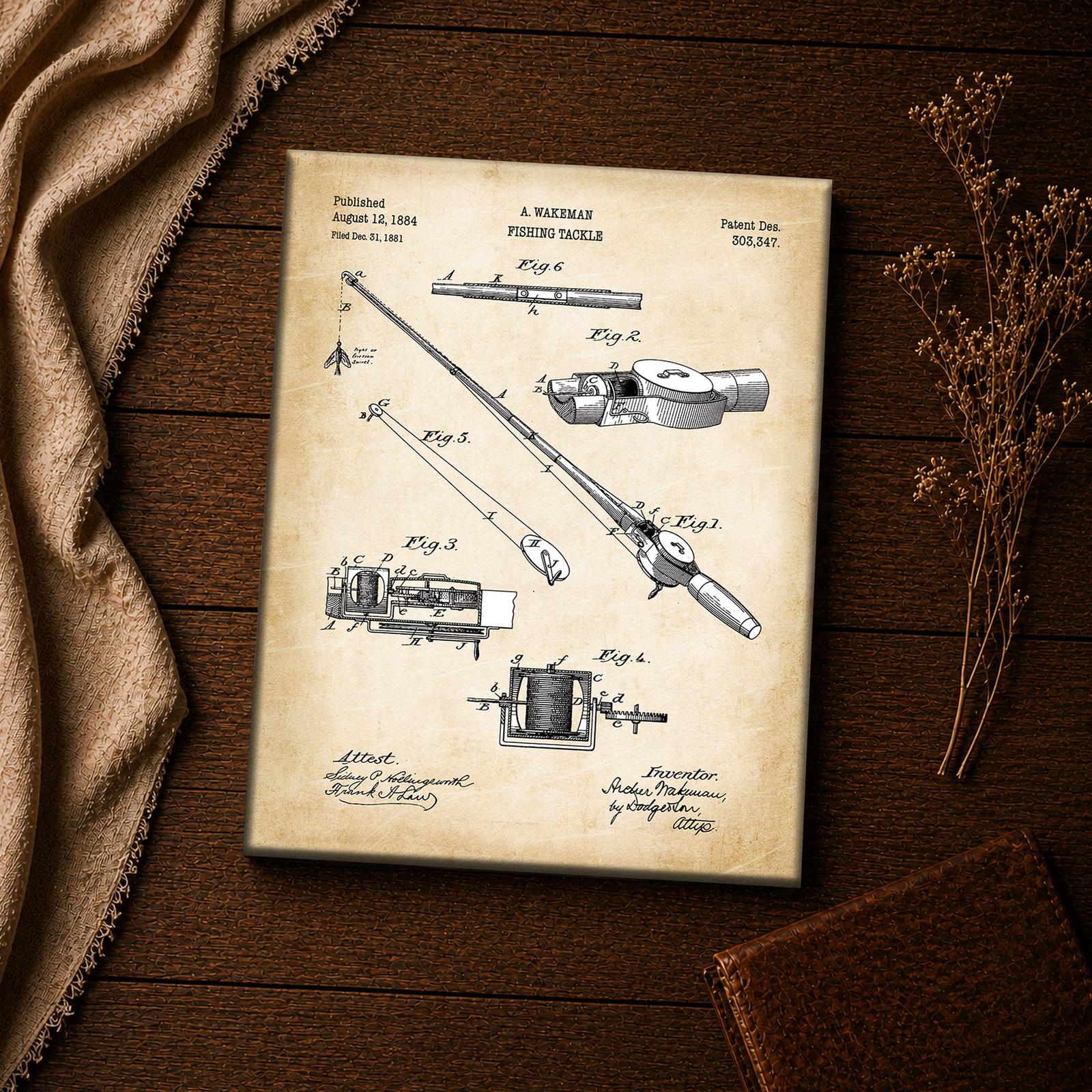 Reel internals and hand-lettered swivel note close-up on the fishing rod patent print