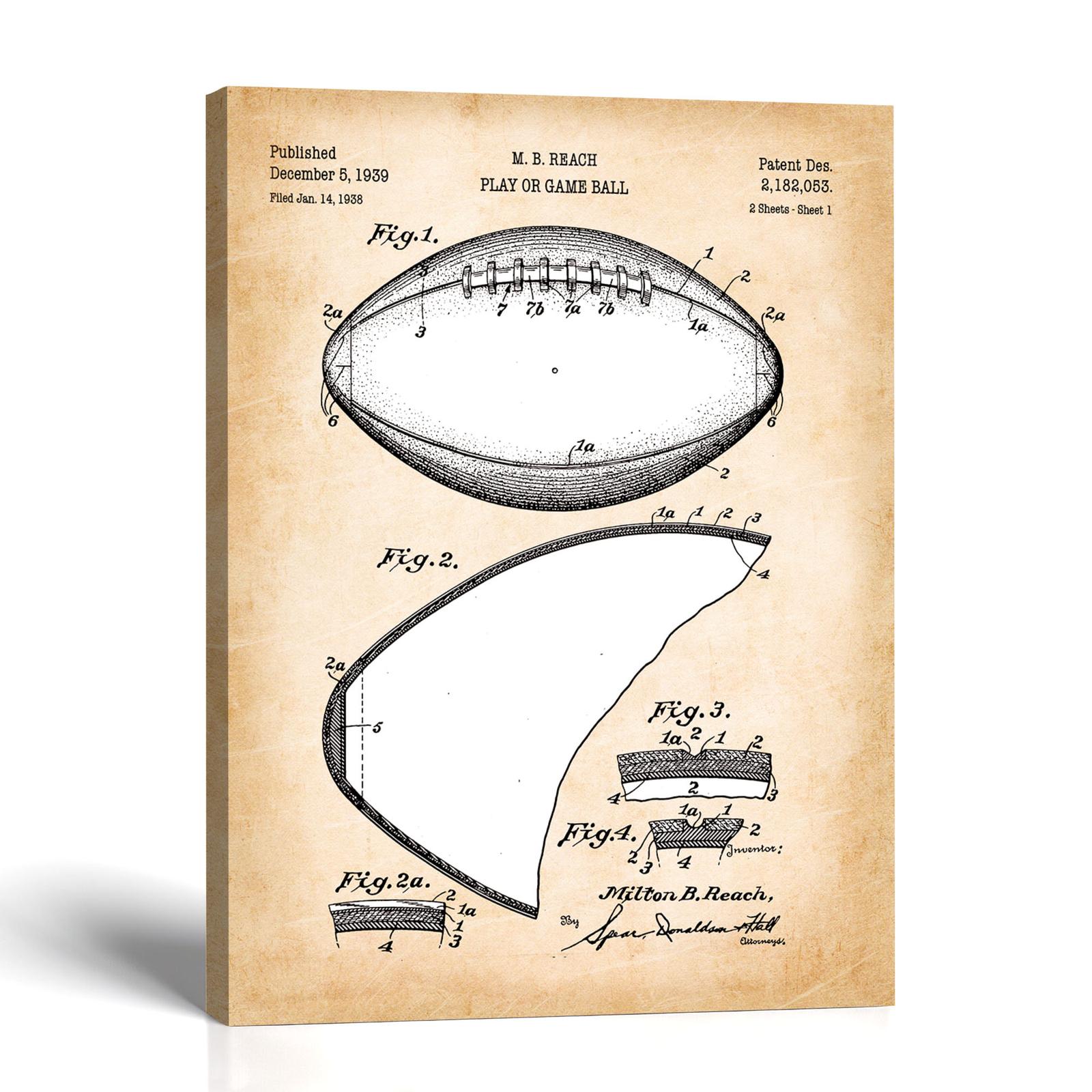 Football patent canvas print, 1939 game-ball drawing, by Crossroads Home Decor