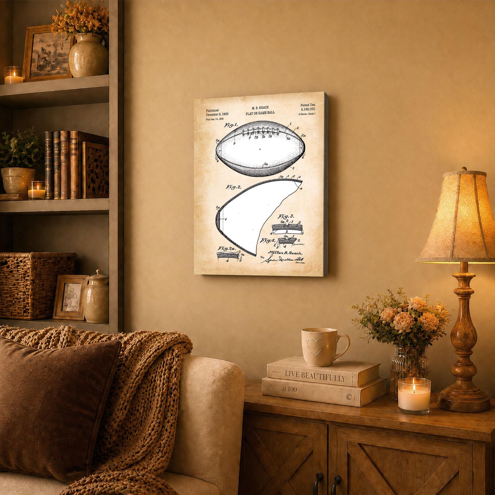 Football patent canvas wall art displayed in a game room