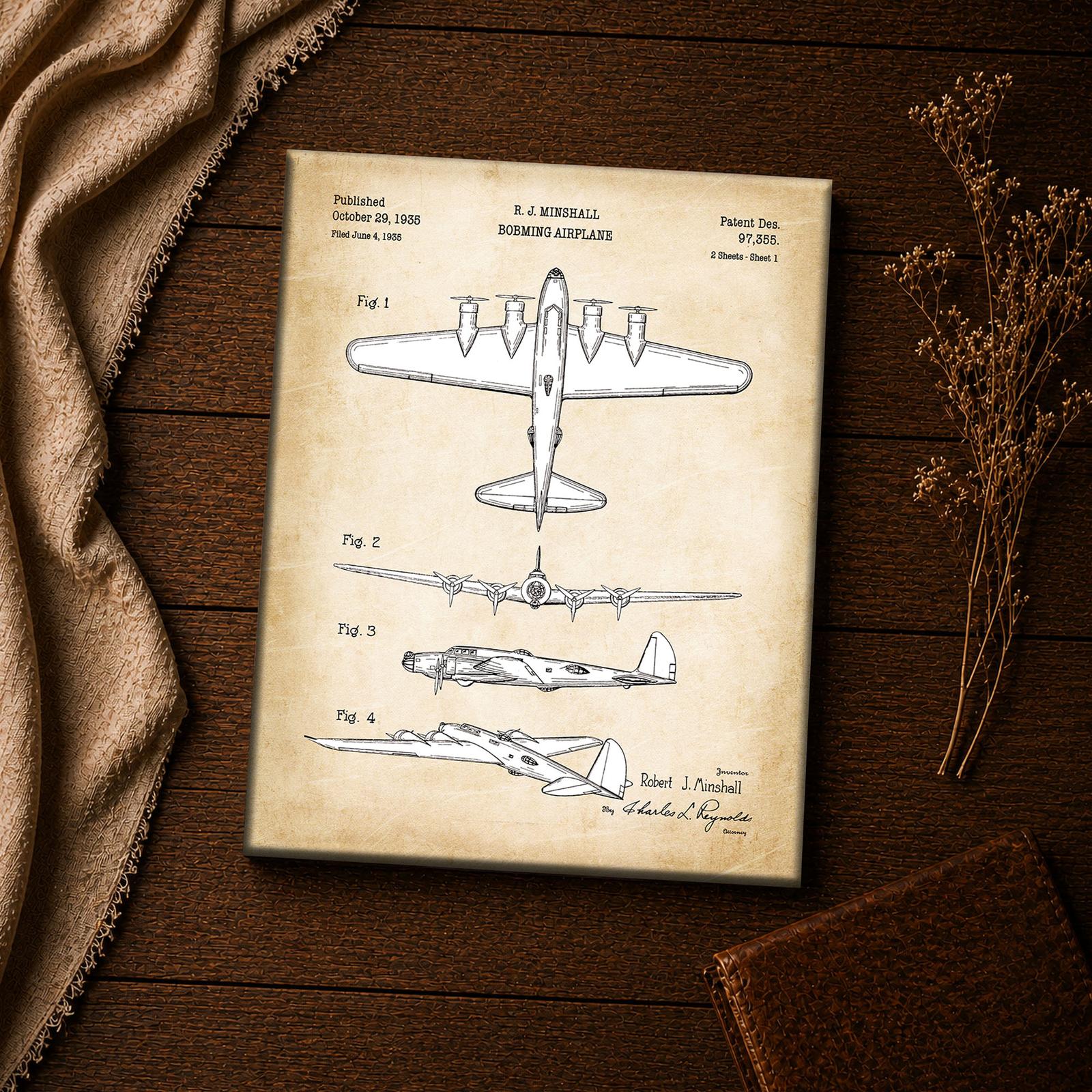 Four-engine bomber patent blueprint close-up - vintage aviation wall art