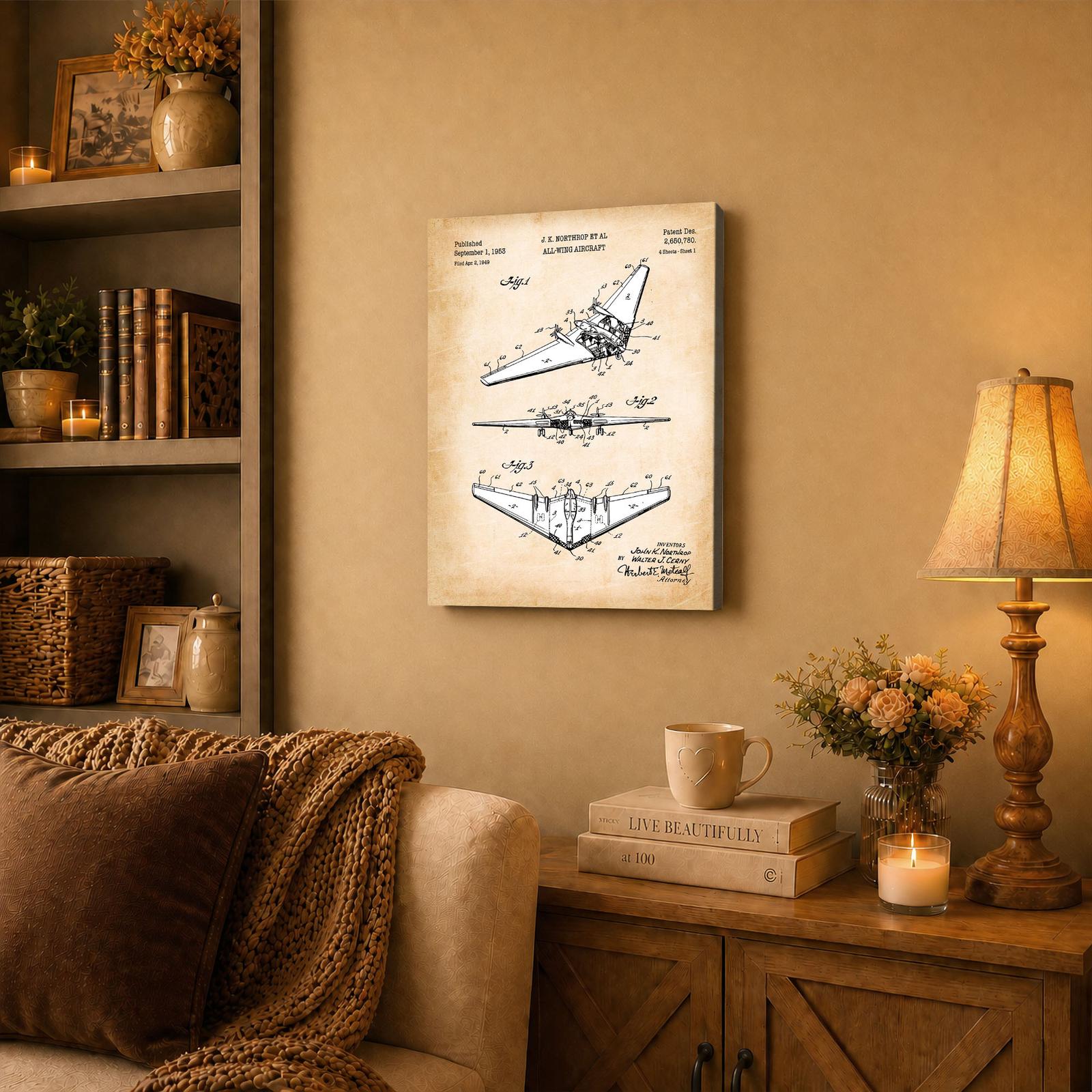 All-wing aircraft canvas wall art displayed in a home office