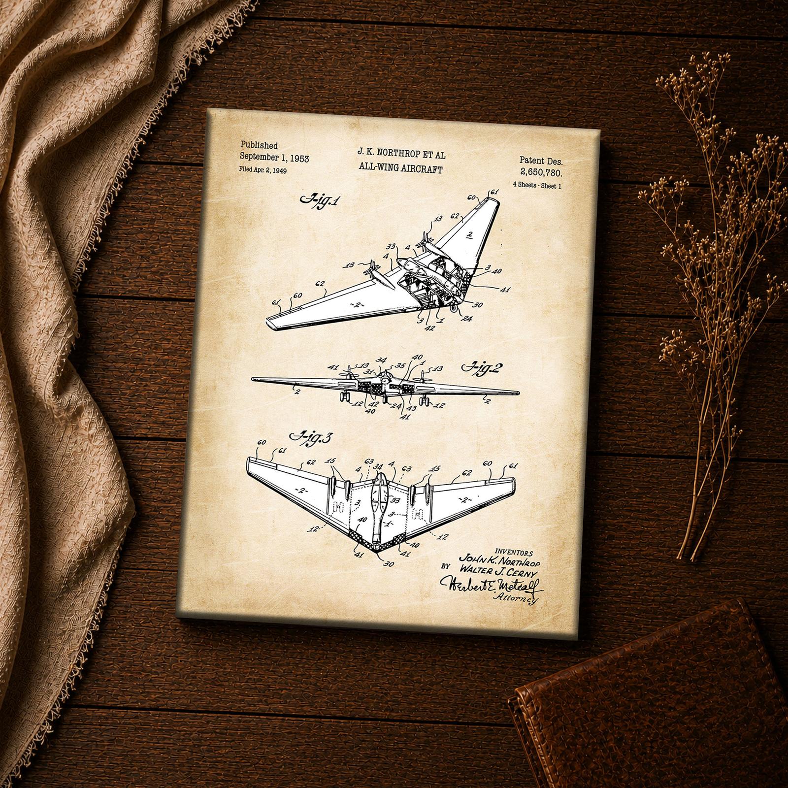 Flying wing patent blueprint close-up - vintage aerospace wall art