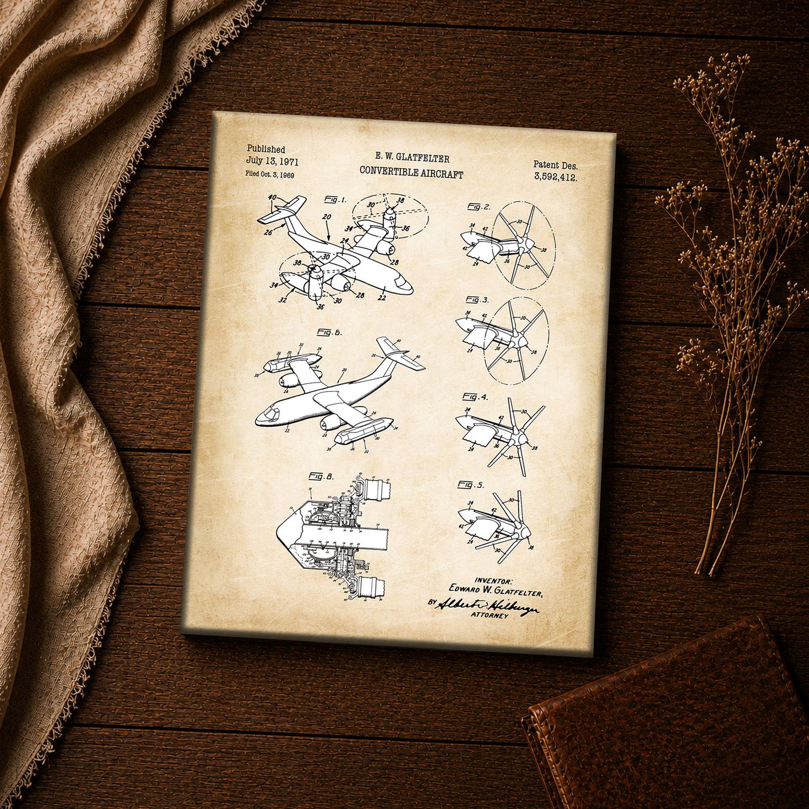 Folding tilt-rotor patent blueprint close-up - vintage aerospace wall art