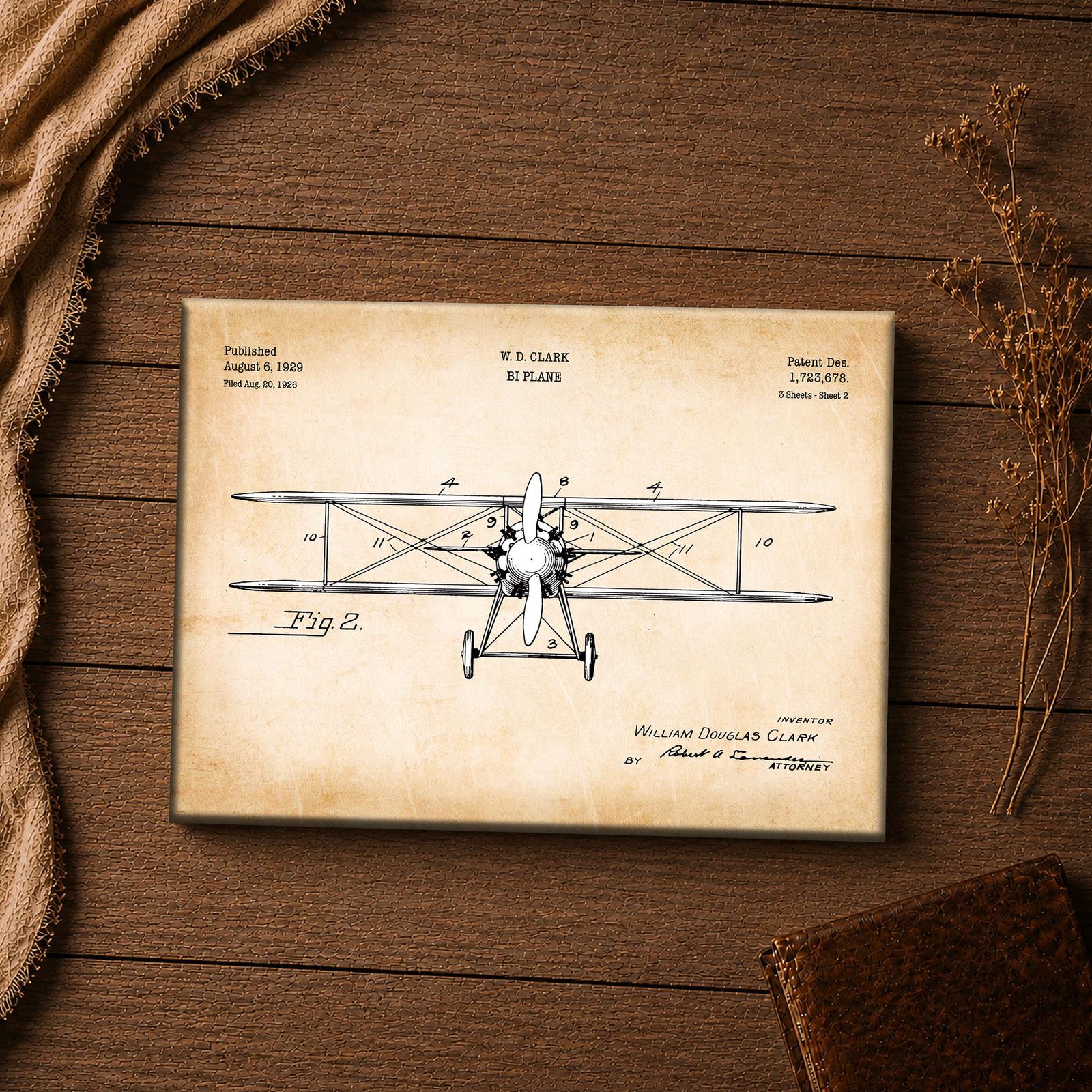 Staggered-wing biplane patent blueprint close-up, wide horizontal view - vintage aviation wall art
