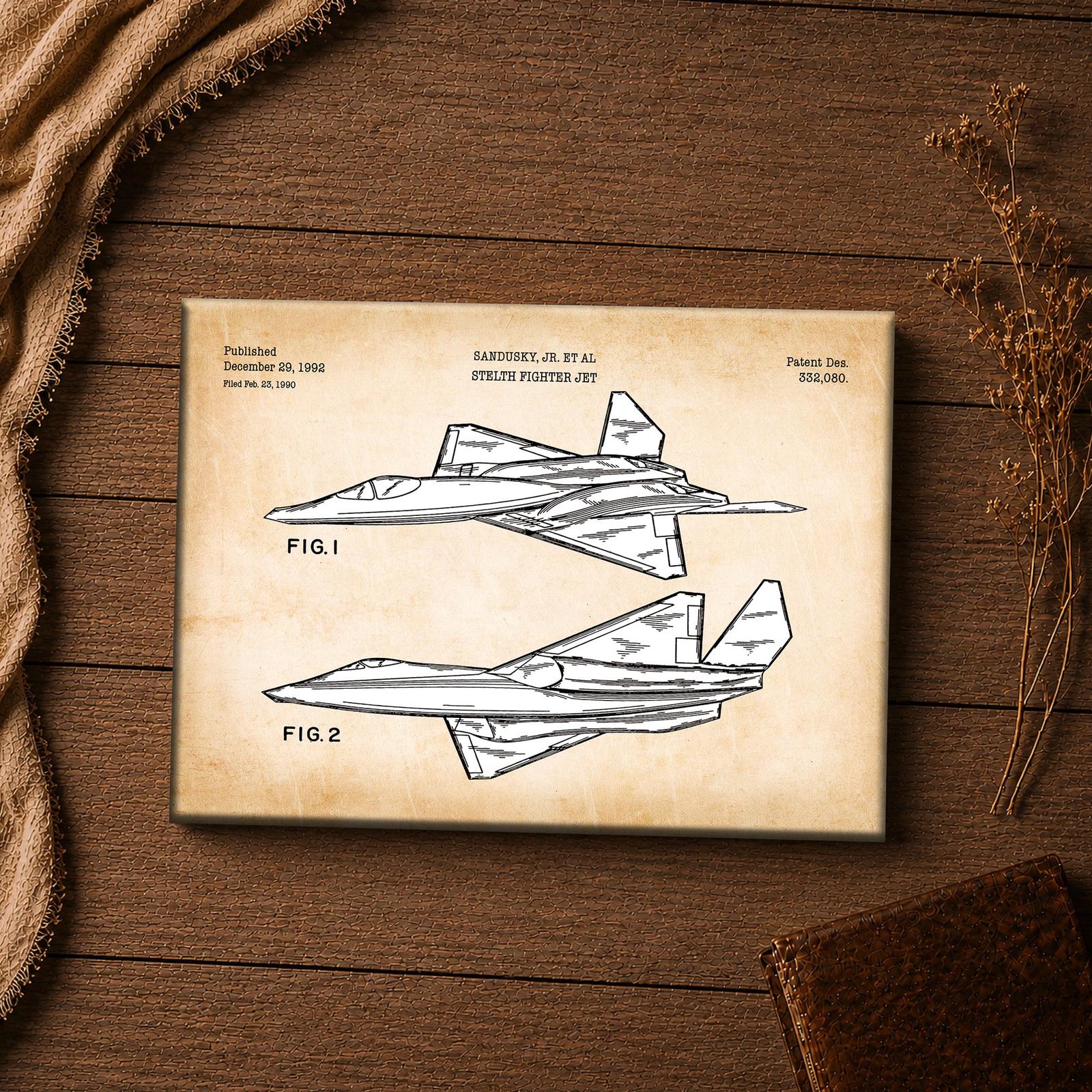 Stealth fighter canvas print - military jet patent blueprint close-up detail