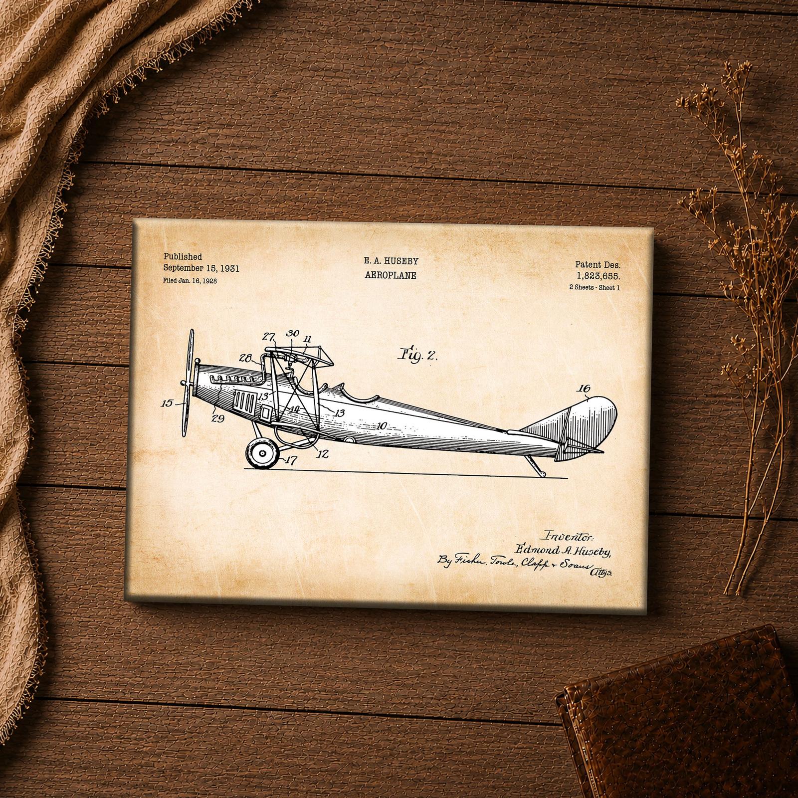 Open cockpit biplane patent canvas print - vintage aviation wall art close-up
