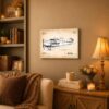Vintage cabin airplane canvas print displayed in a home office