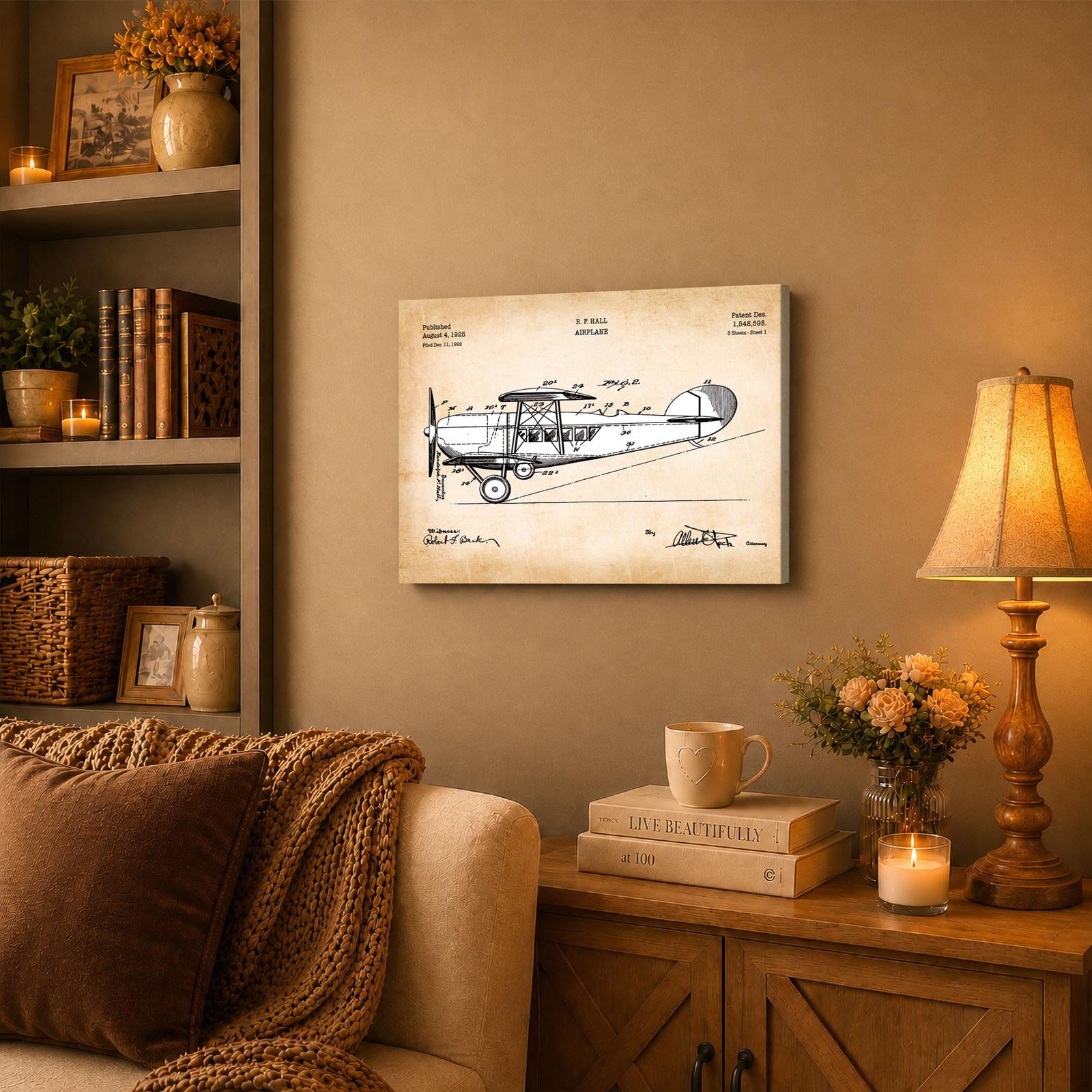Vintage cabin airplane canvas print displayed in a home office