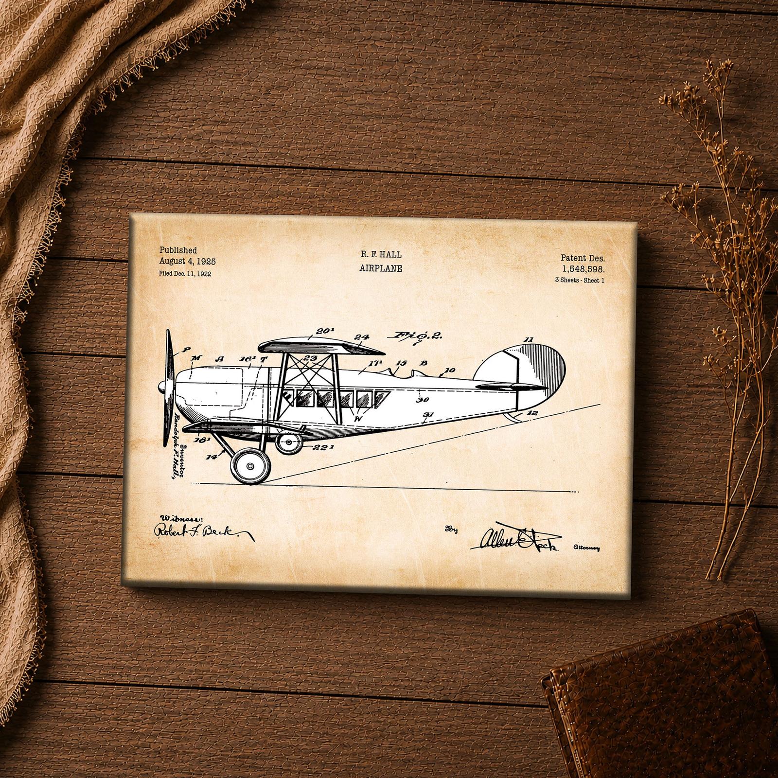 1925 cabin airplane patent canvas print - vintage aviation wall art close-up