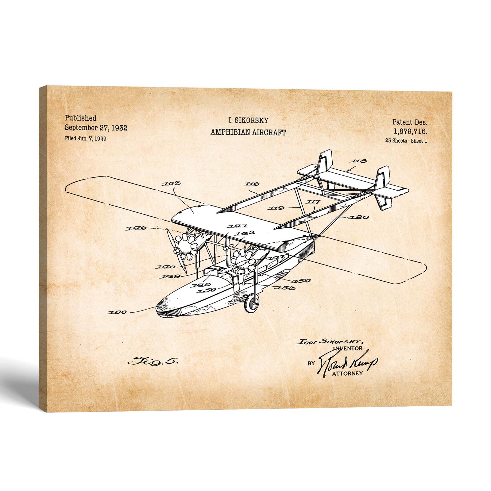 Amphibian aircraft patent canvas print - 1932 flying boat design by Crossroads Home Decor