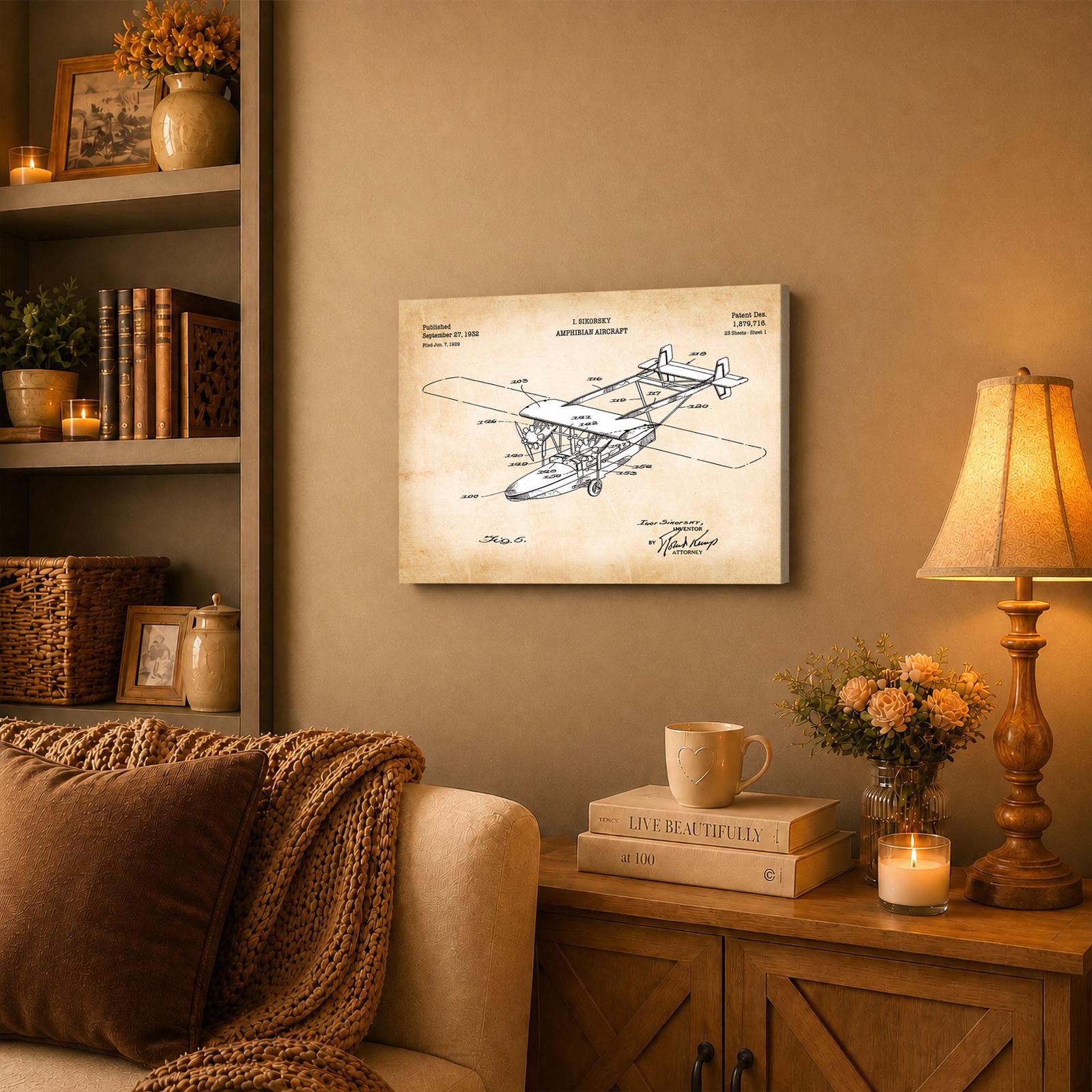 Amphibian aircraft patent canvas wall art displayed in a den