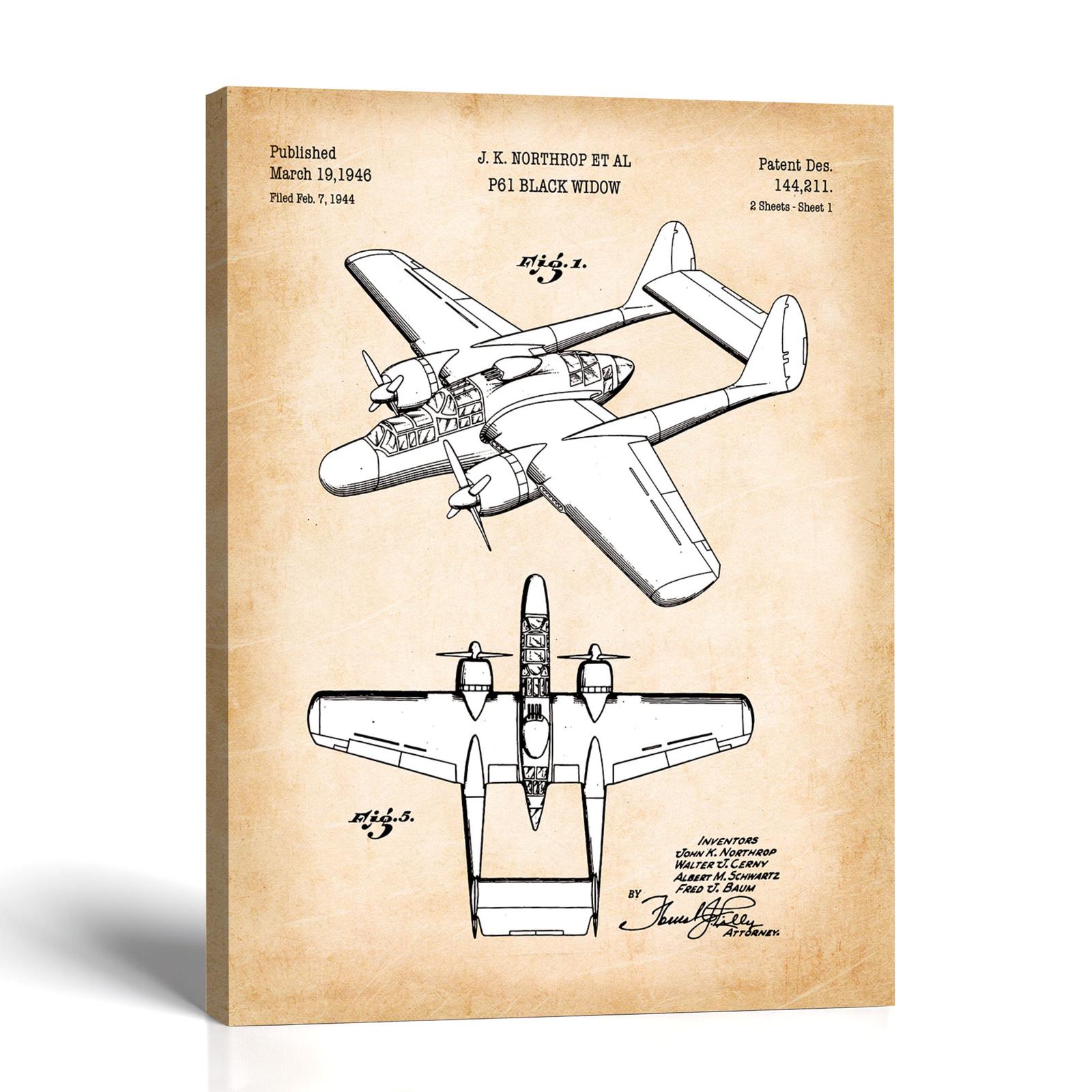 C2373C-1-11x14-1 P-61 Black Widow patent canvas print - WWII night fighter design sheet by Crossroads Home Decor