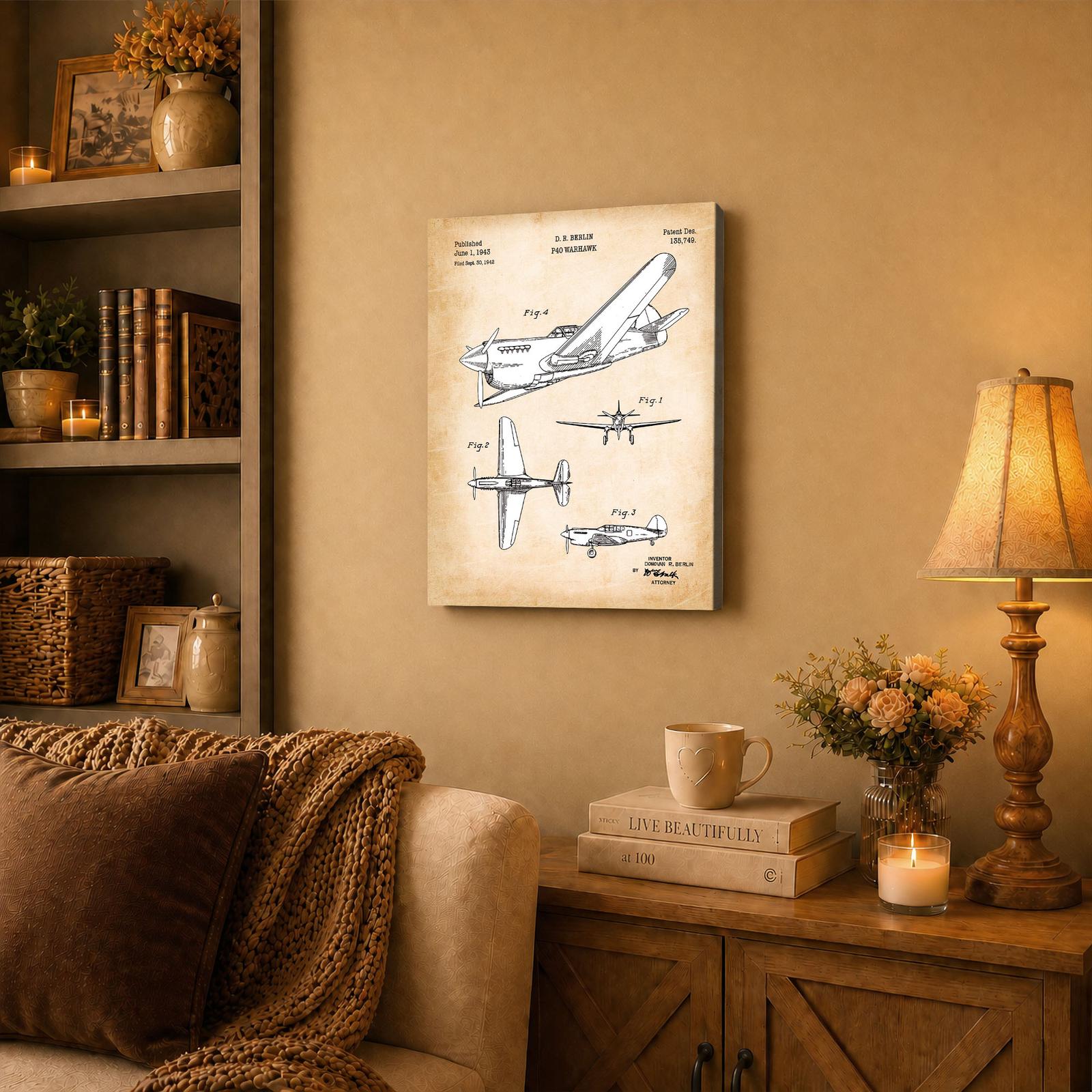 WW2 fighter plane patent canvas wall art displayed in a den