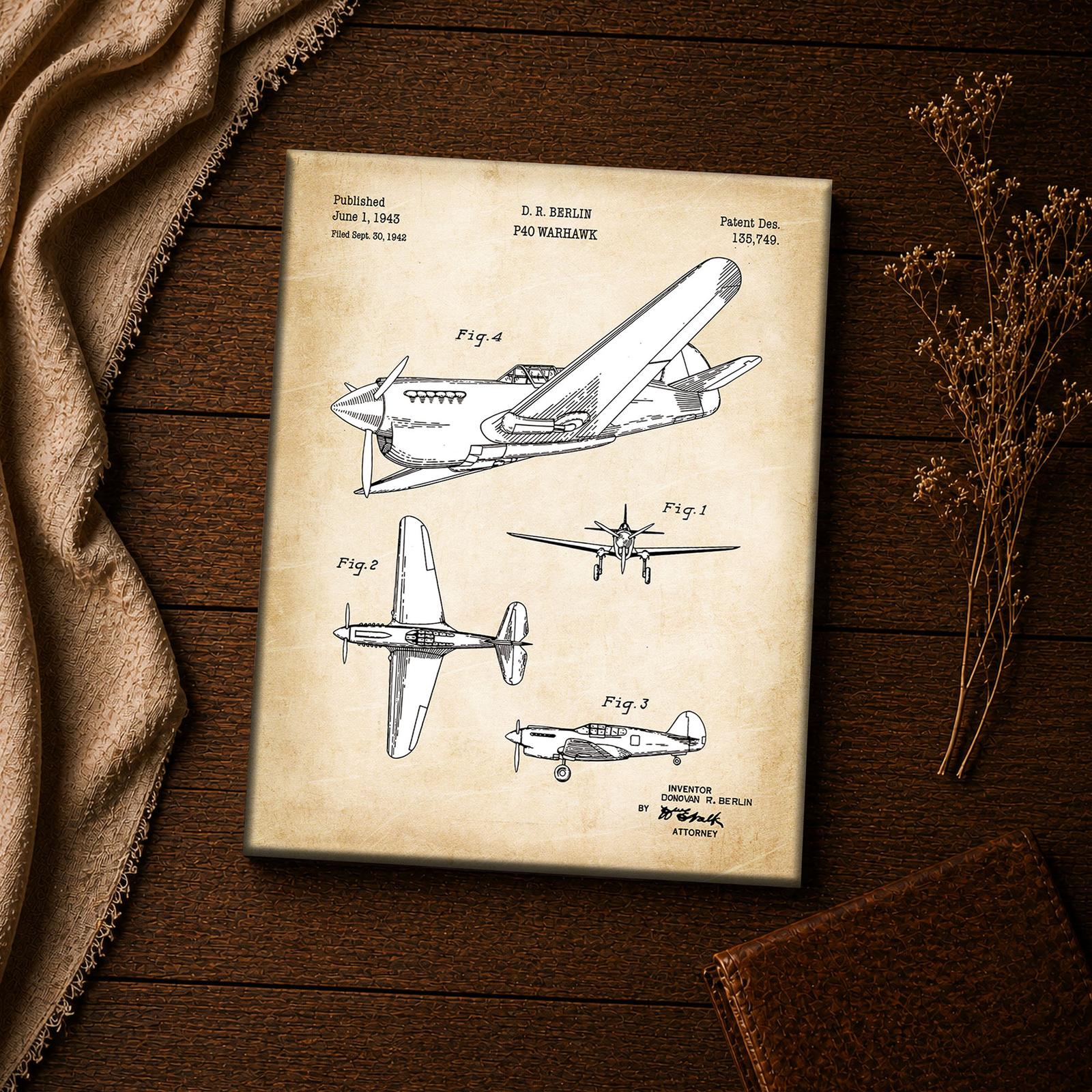 1943 airplane design patent print - vintage military inspirational wall art