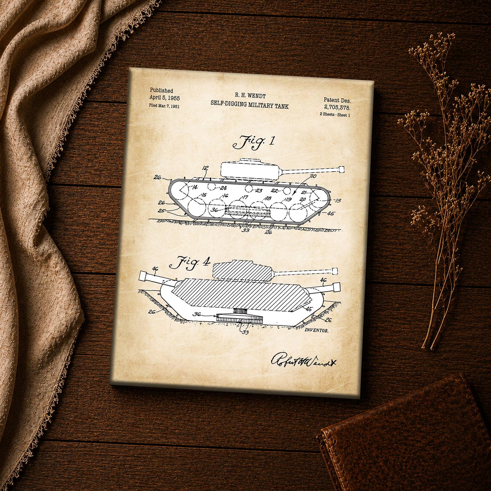 Self-digging tank patent blueprint - close-up of the excavation drawing