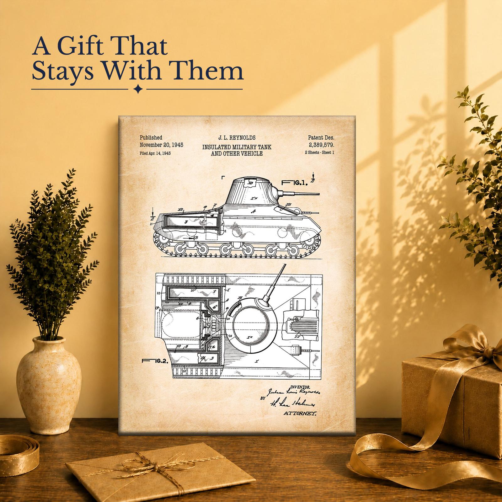 WW2 tank patent print - canvas gift for military history collectors