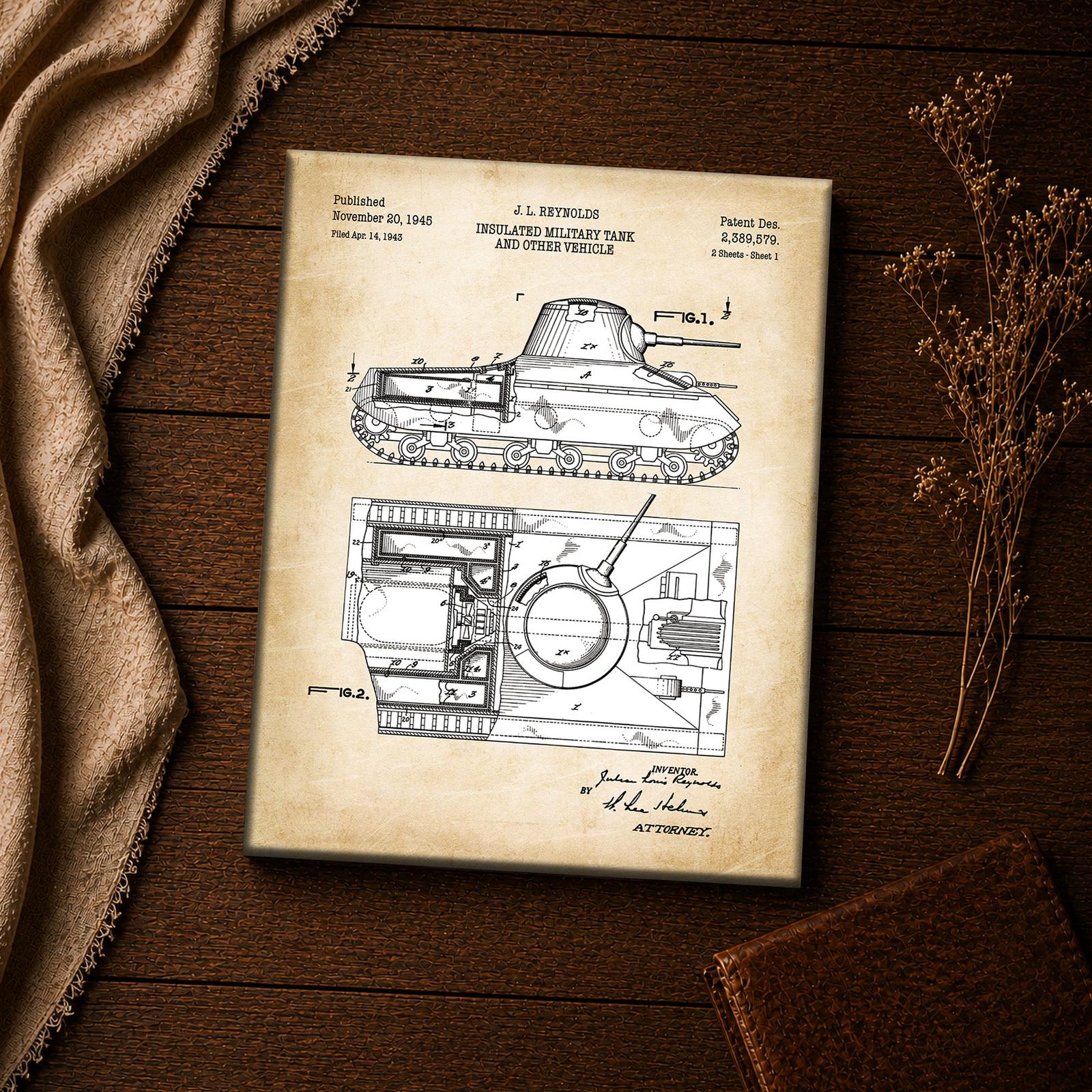 WW2 tank canvas print - military vehicle patent blueprint close-up detail