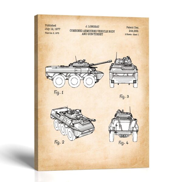 Armored vehicle patent canvas print - 1977 military blueprint by Crossroads Home Decor