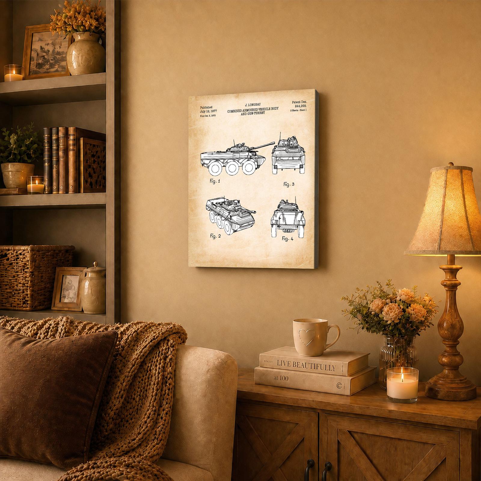 Armored vehicle patent canvas wall art displayed in a home office