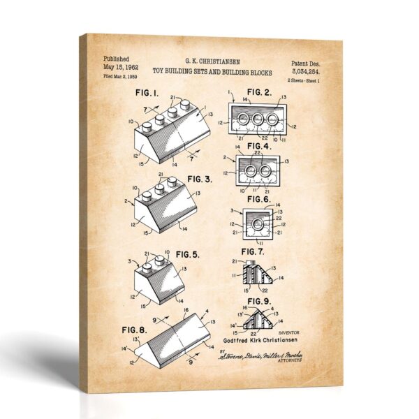 Toy building sets canvas print - 1962 Sloped Roof Brick Patent by Crossroads Home Decor