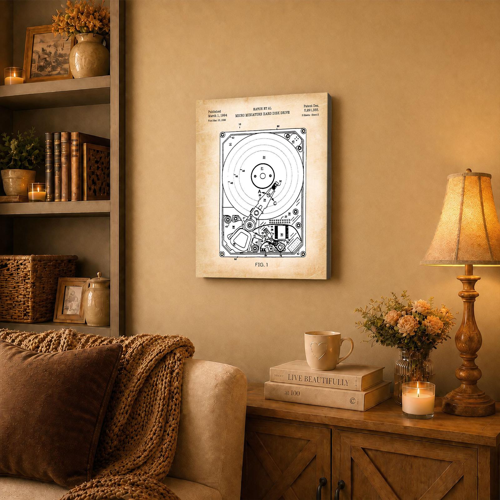 C2382C-3-11x14-1 Vintage hard drive canvas wall art displayed in a home office