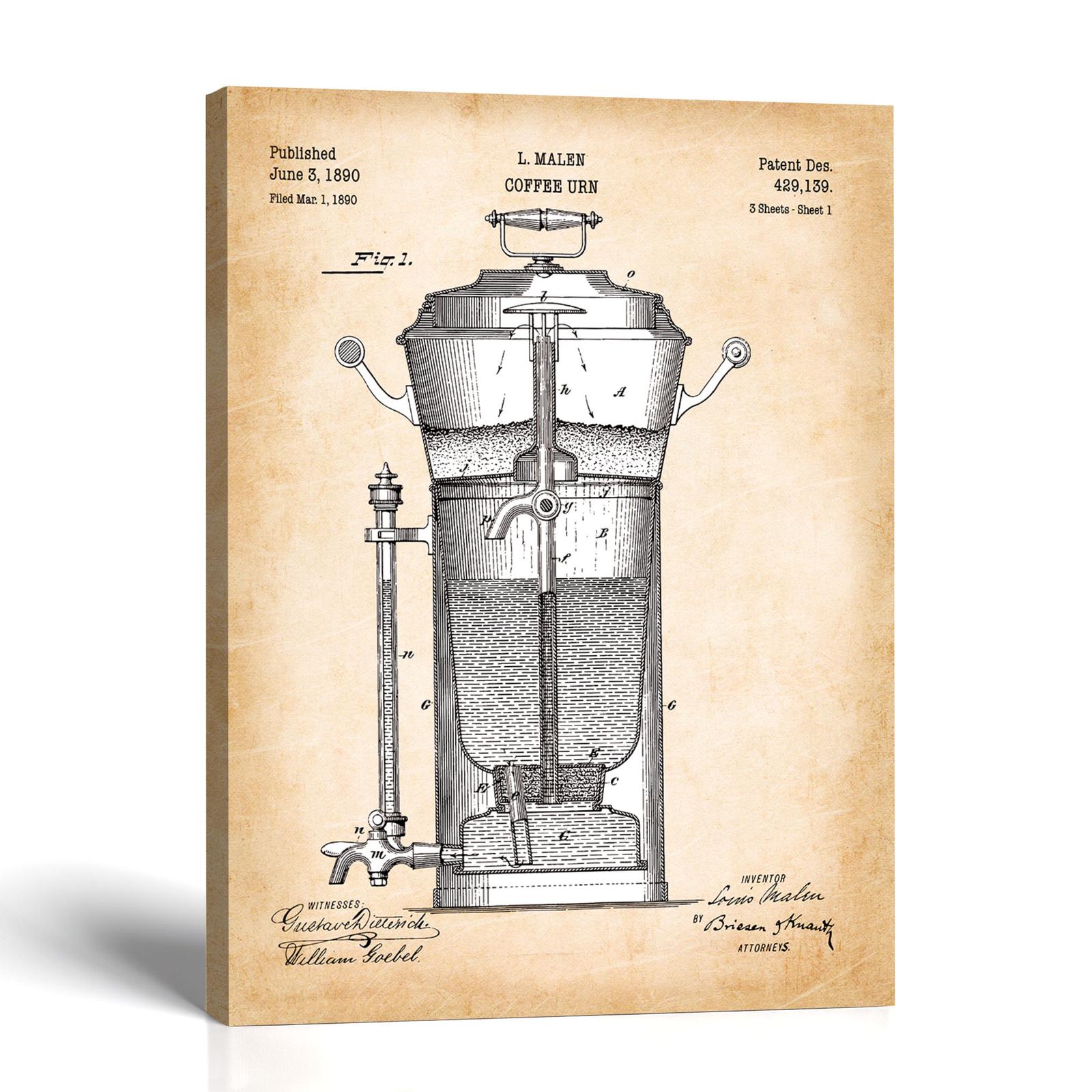 Coffee urn patent canvas print by Crossroads Home Decor