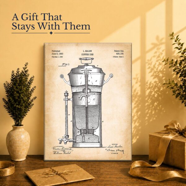 Coffee urn patent print gift - canvas print for a kitchen or coffee bar